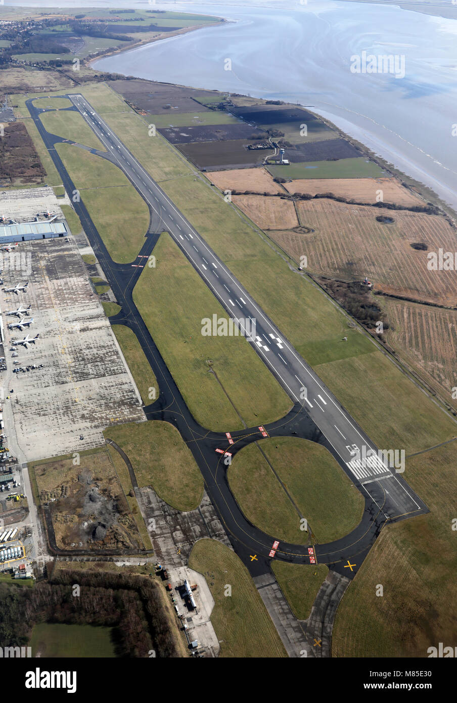 aerial view of the runway at Liverpool John Lennon Airport, UK Stock Photo