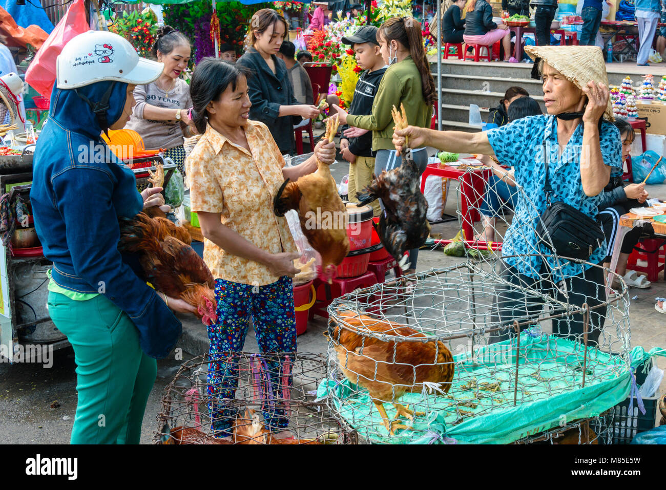 A woman wearing a traditional Vietnamese conical bamboo hat holds a chcken by the legs as she sells it to a customer in Hoi An, Vietnam Stock Photo