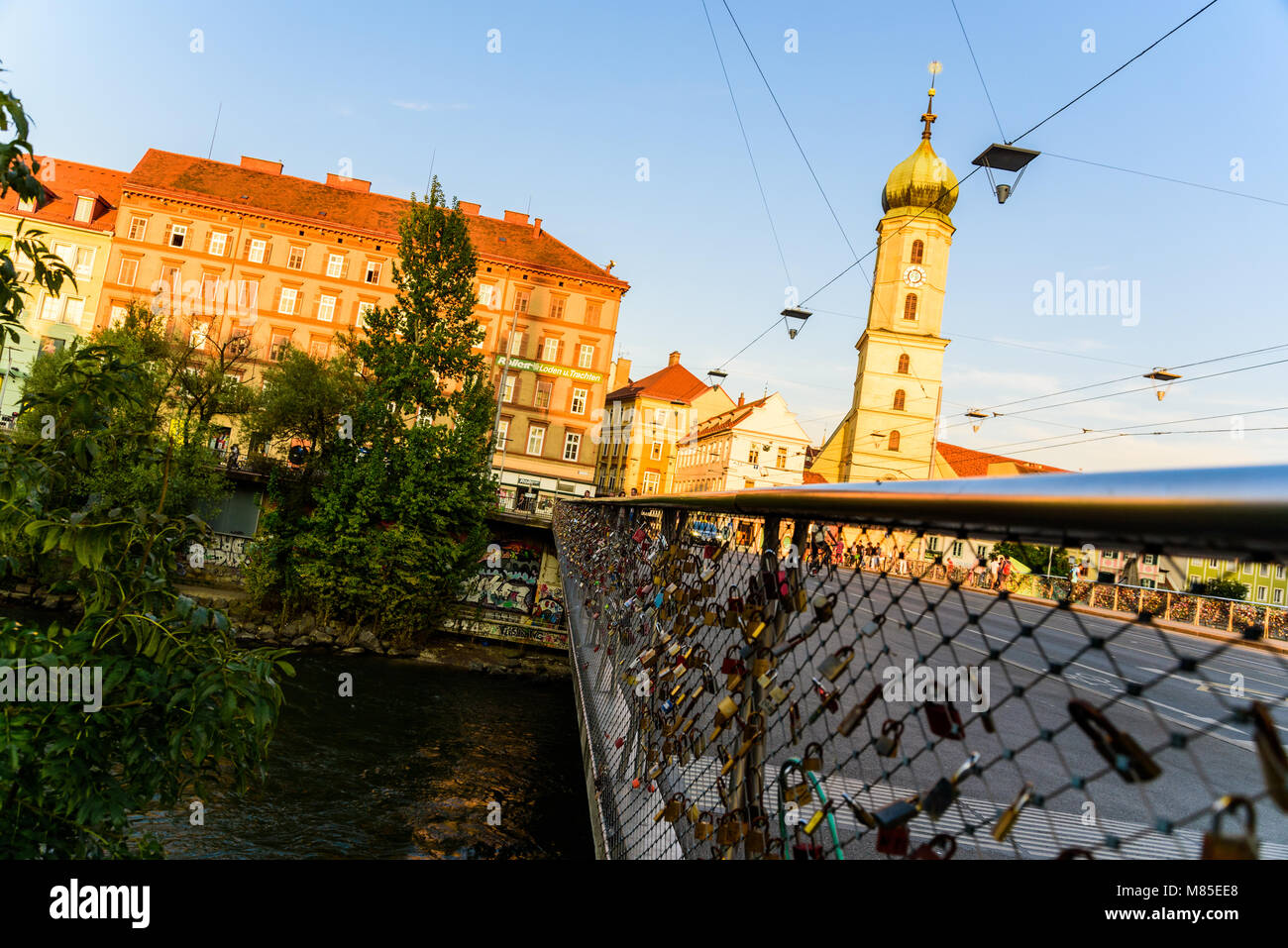 Bridge at river Mur in Graz Styria Austria famous tourist destination ...