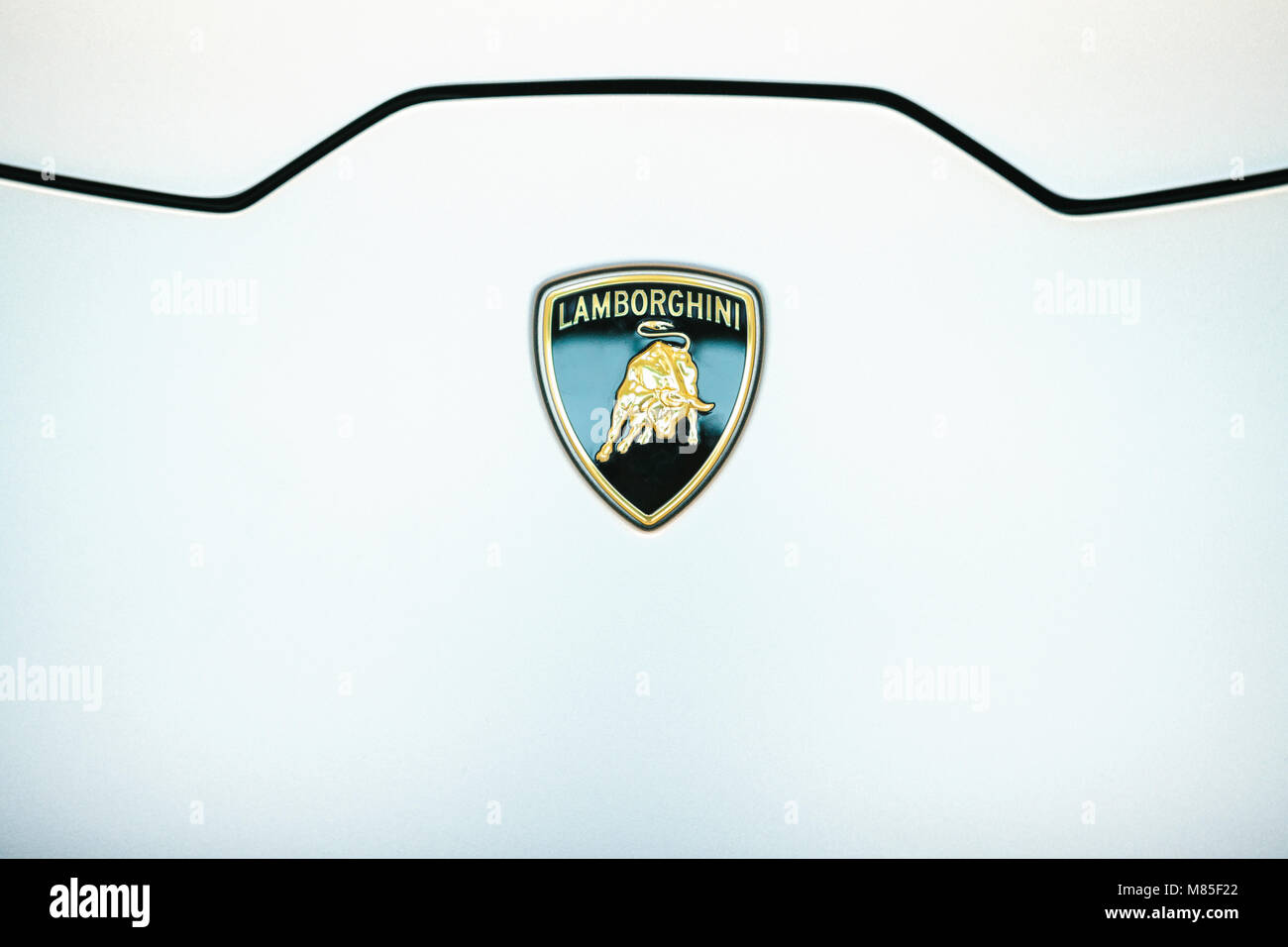 Volkswagen Group Forum - auto show in Berlin. Close-up. Logo Lamborghini on  the hood of a new white sports car Lamborghini Stock Photo - Alamy