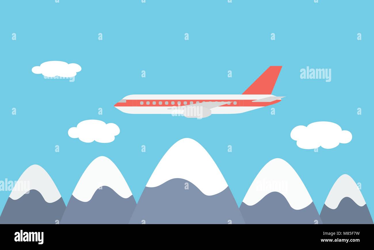 View of the large and fast line airliner flying among the clouds in the blue sky - vector Stock Vector