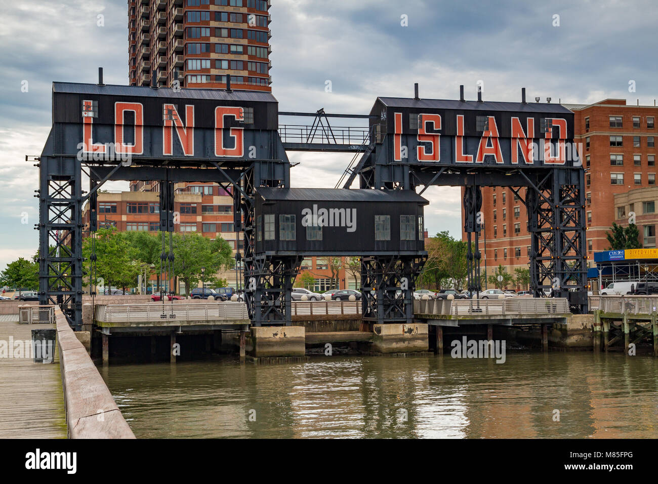 Long Island painted on Industrial transfer bridges at Gantry Plaza State Park in Long Island CIty in the borough of Queens, NewYork Stock Photo