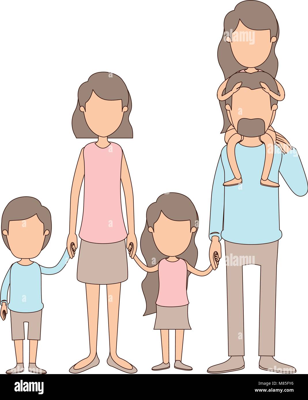 light color caricature faceless big family parents with girl on his back  and children taken hands Stock Vector Image & Art - Alamy