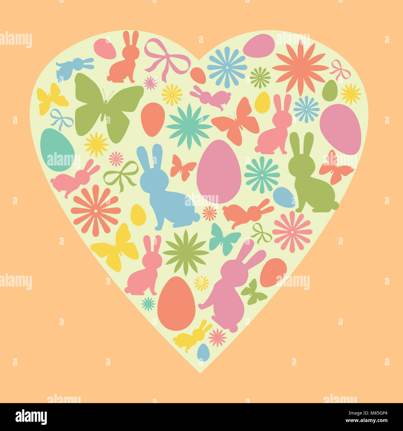 Easter Characters Grouped in A Heart. Easter design in Pastel Colors. Stock Photo