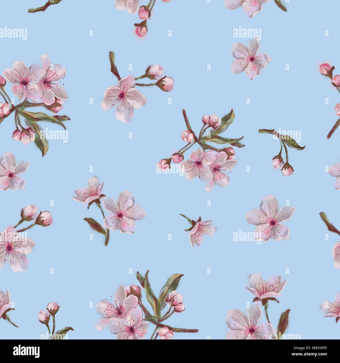 Floral Seamless Pattern on Blue Background. Apple Almond Cherry ...