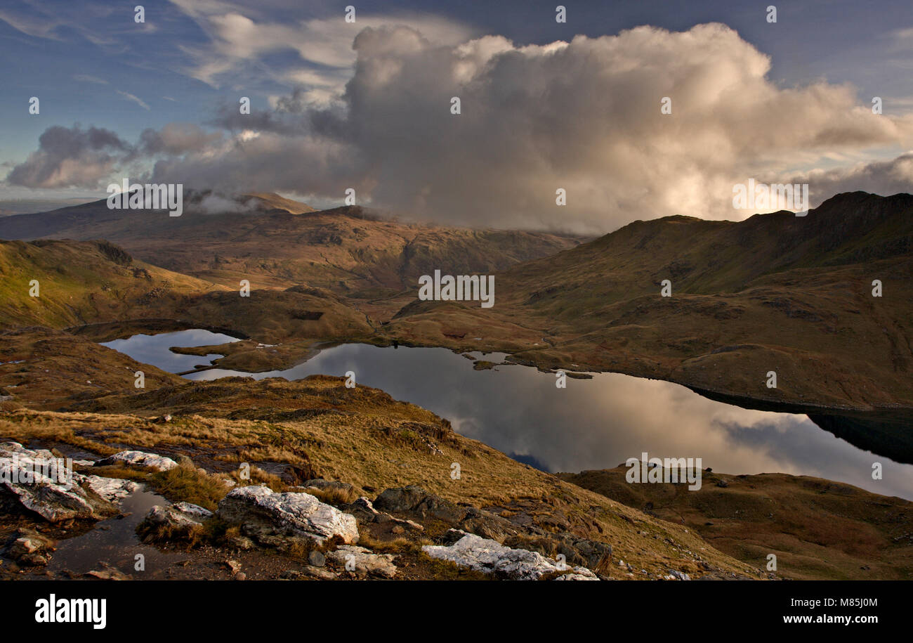 View over Llyn Llydaw and Moel Siabod from the Pyg Track on Snowdon, Snowdonia, North Wales Stock Photo