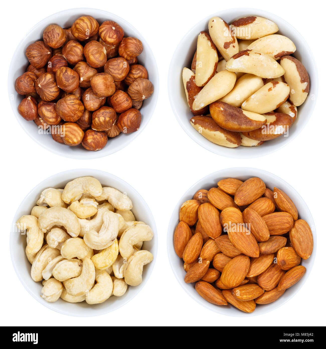 Nuts nut collection from above bowl isolated on a white background Stock Photo