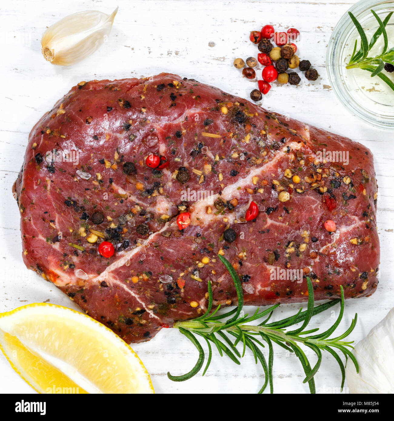 Meat raw beef steak square top view from above Stock Photo