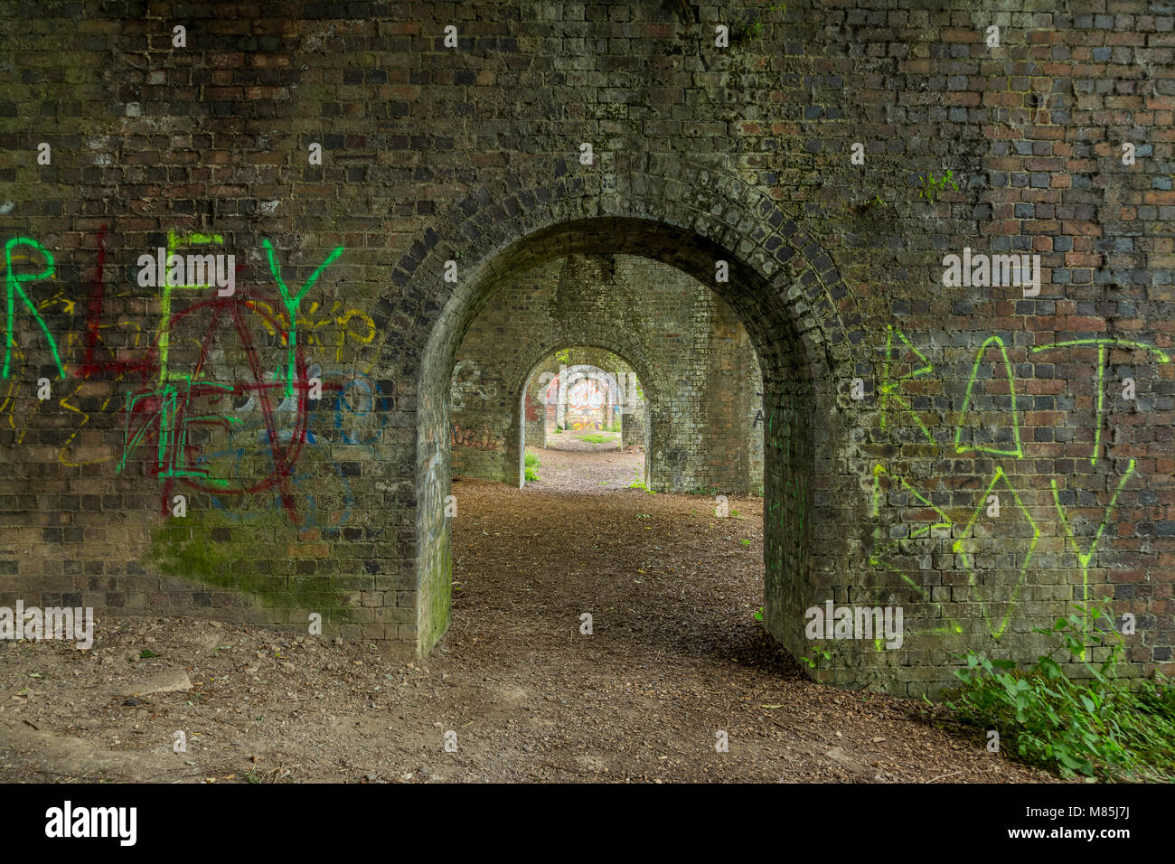 Graffiti on old brick railway arches, Stroud, England Stock Photo