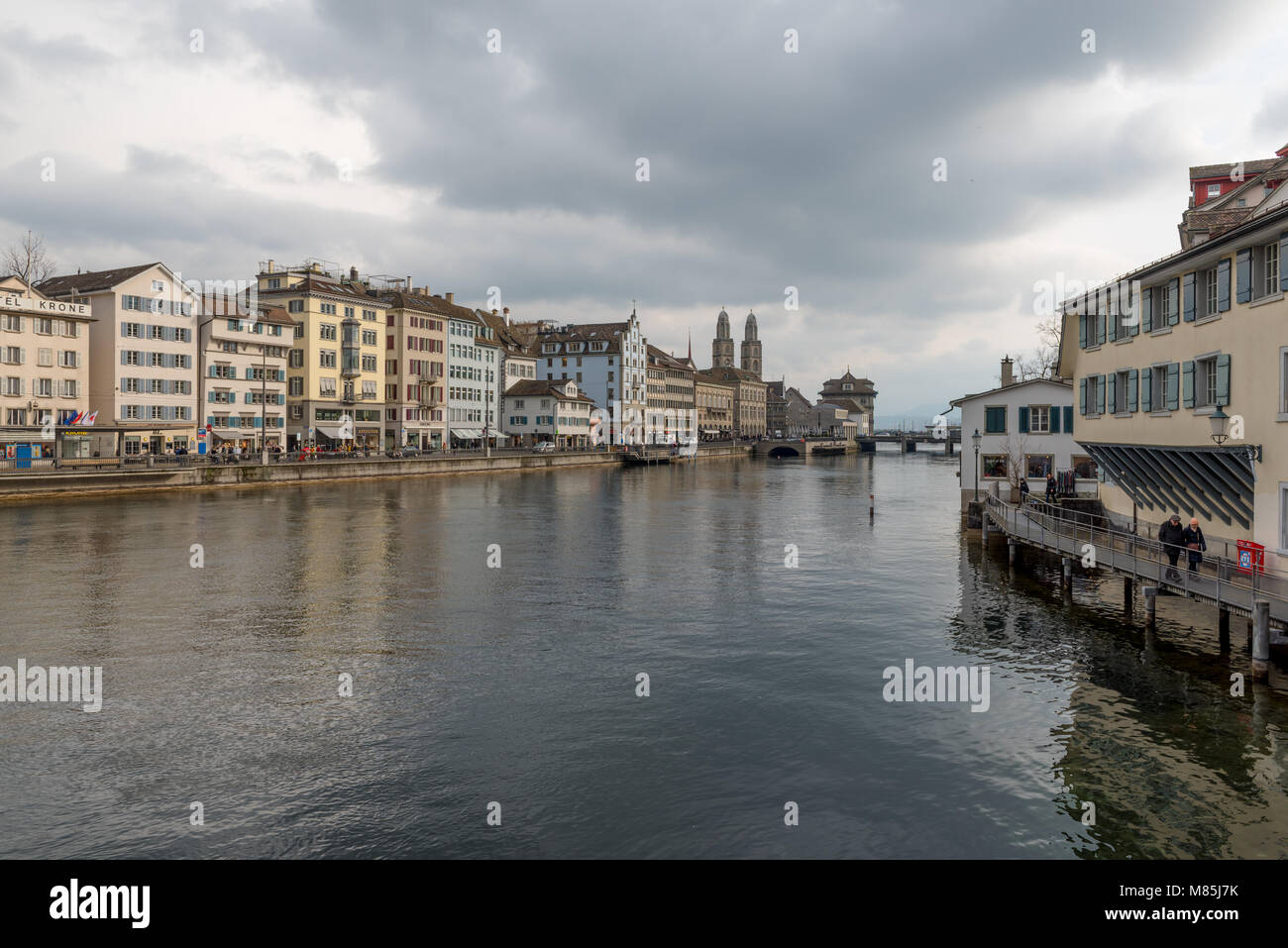 Limmat river in Zurich, Switzerland on an overcast day Stock Photo