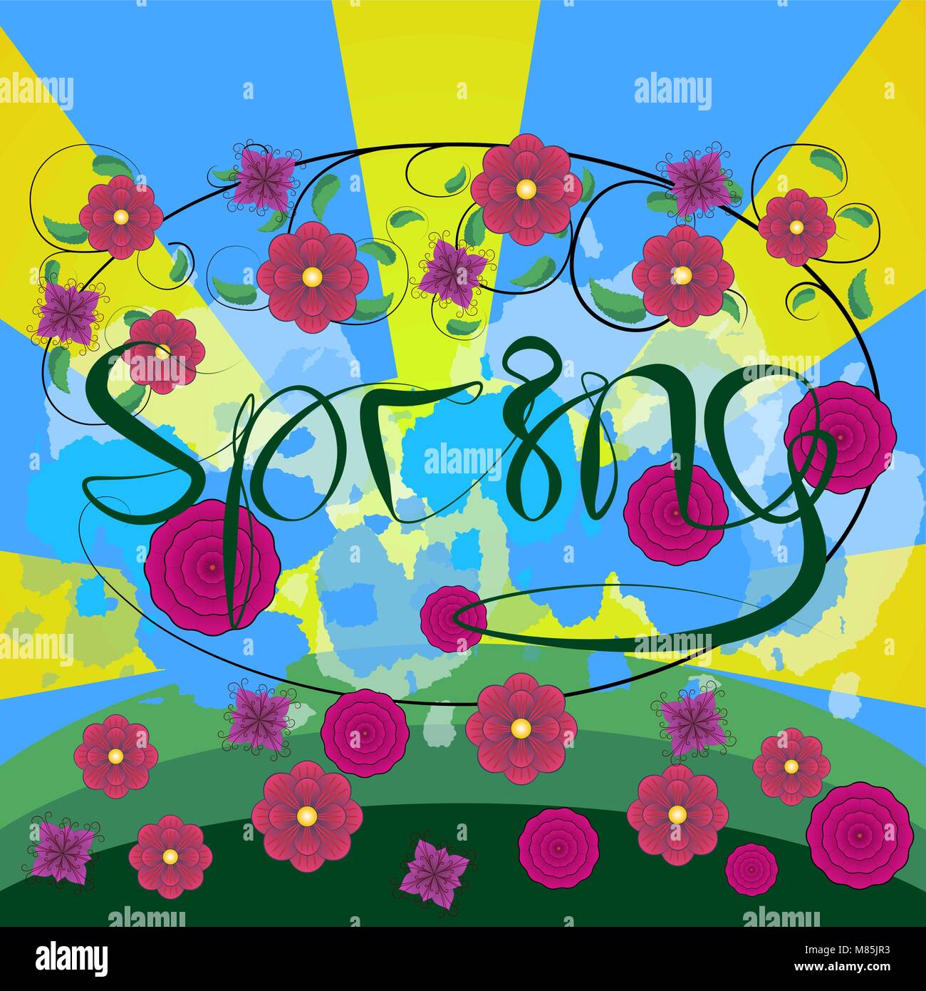Spring Greej Hello spring lettering flowers pattern hi-res stock photography and ...