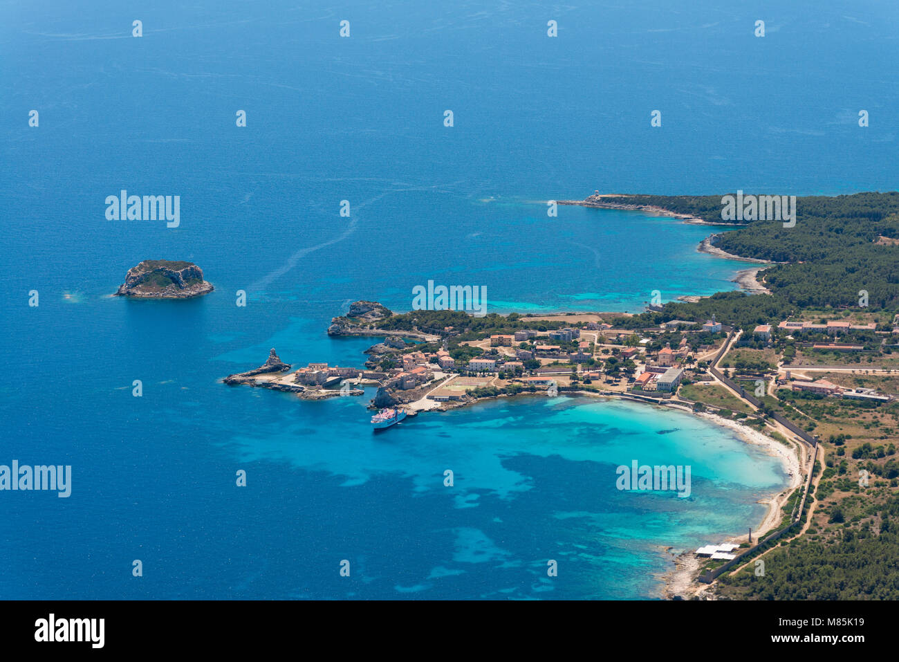 Aerial image of Isola de Pianosa (Pianosa Island), a former penal colony island established by Leopold II, Grand Duke of Tuscany in 1856. Pianosa had  Stock Photo
