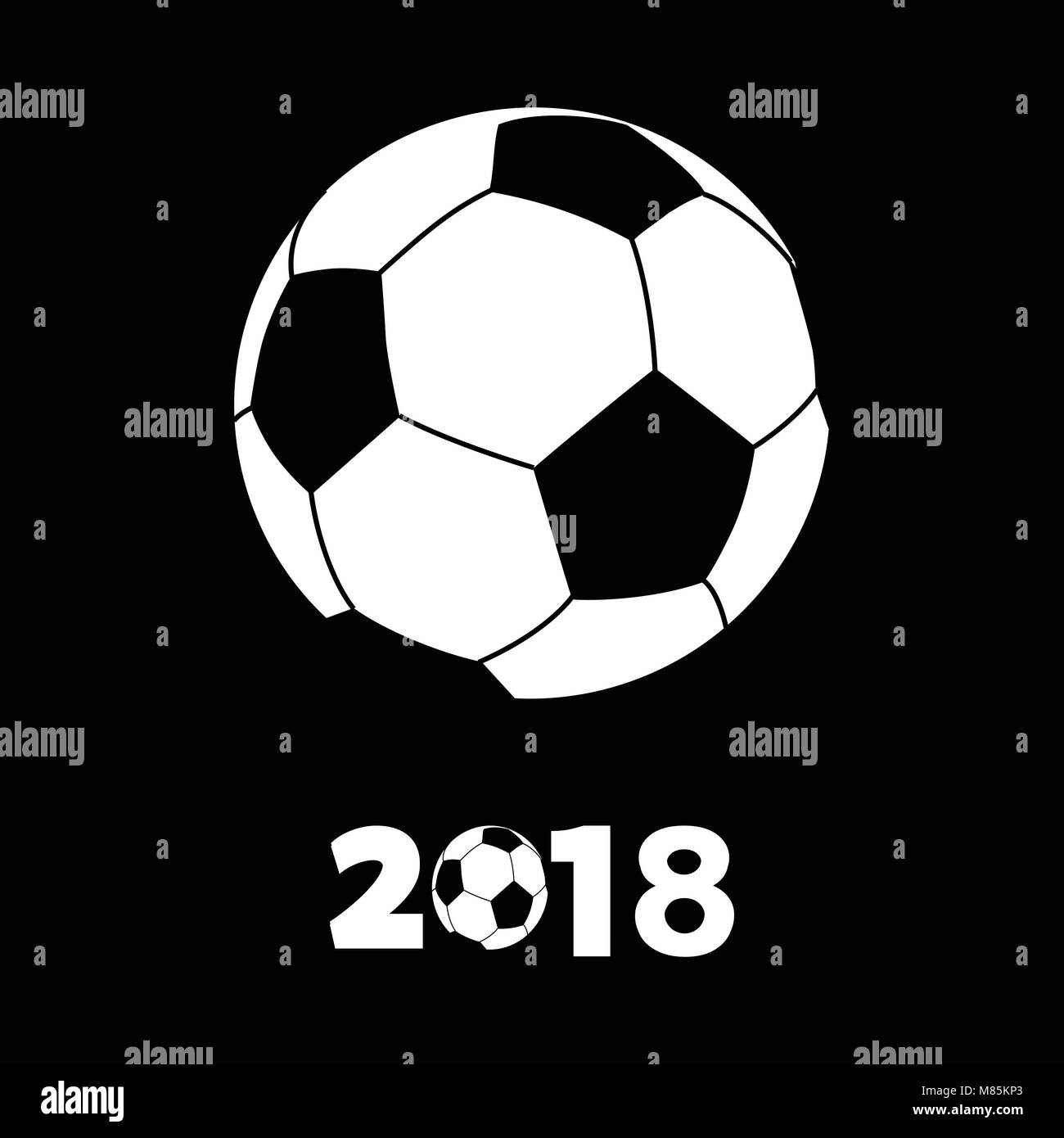 Drawing Style White Silhouette of Soccer Football with Decorative 2018 Over Black Background Stock Vector