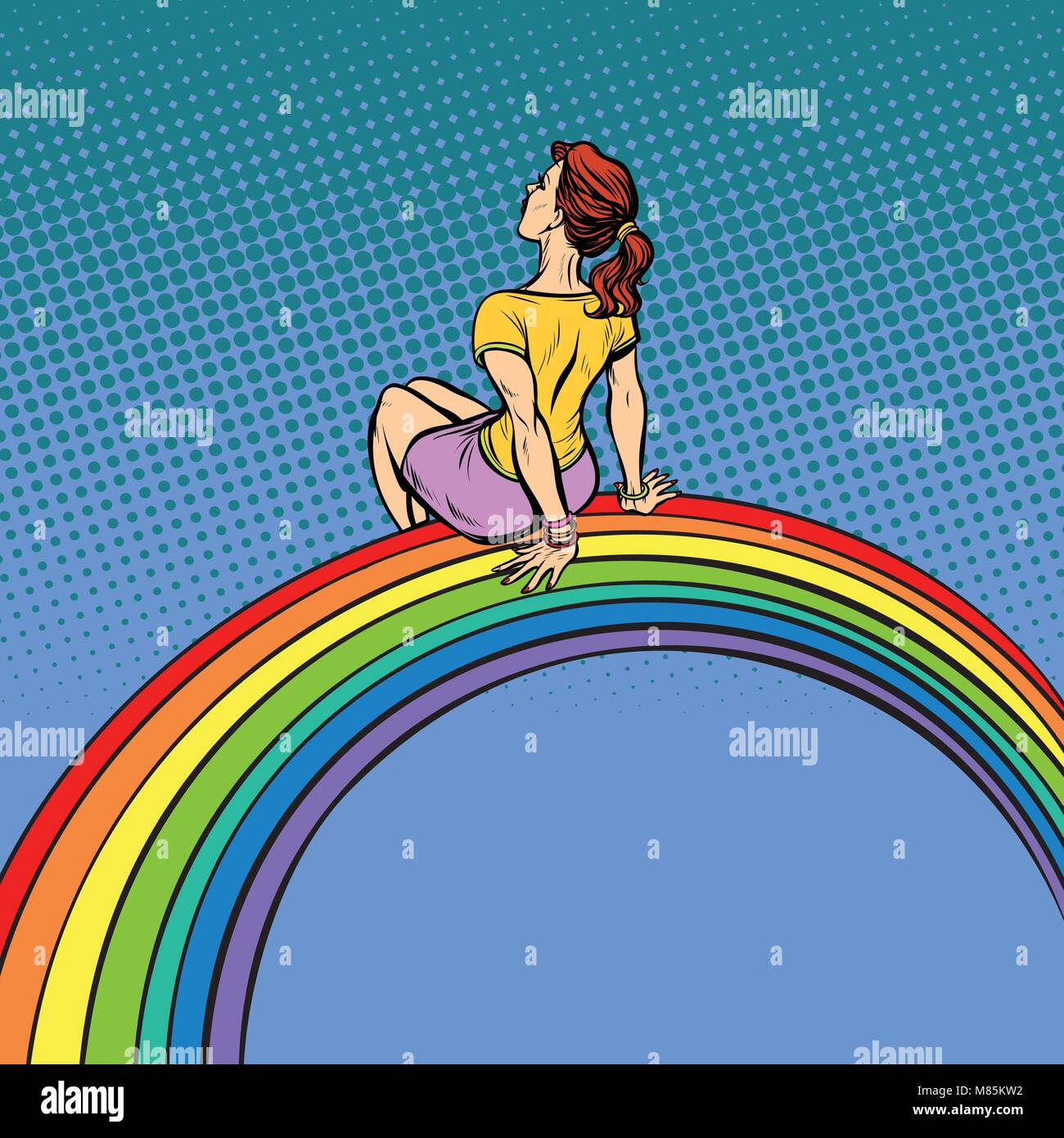 The girl visionary young woman sitting on a rainbow Stock Vector