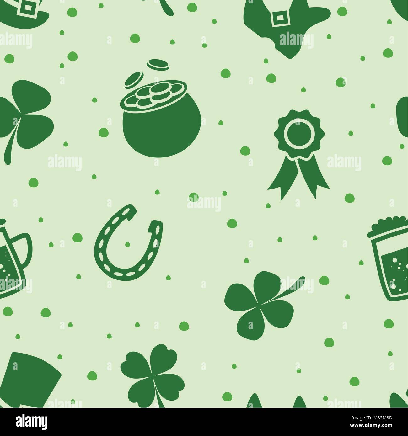 vector seamless pattern of irish St. Patrick's Day with shamrock clover, beer, money cauldron full of golden coins, leprechaun hat and horseshoe. gree Stock Vector