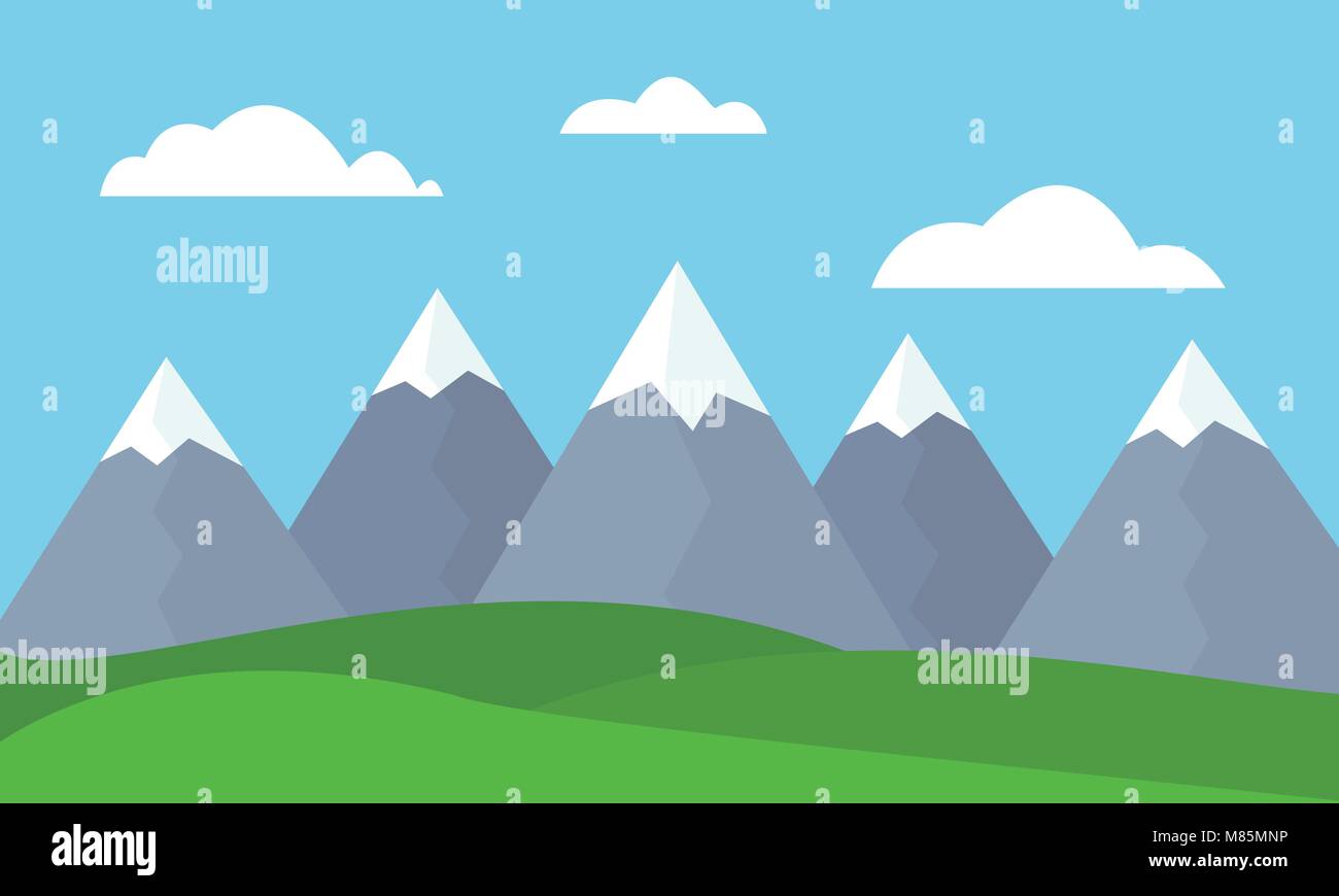 Flat design illustration of mountain landscape with meadow, clouds and blue sky - vector Stock Vector