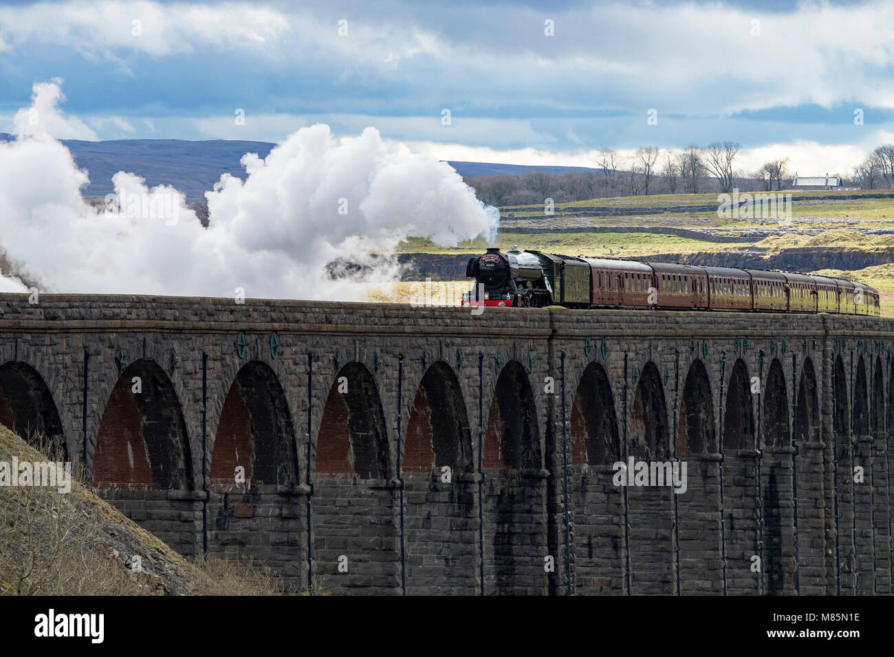 Puffing steam cloud, iconic locomotive LNER class A3 60103 Flying Scotsman, travels over arches of Ribblehead Viaduct - North Yorkshire, England, UK. Stock Photo