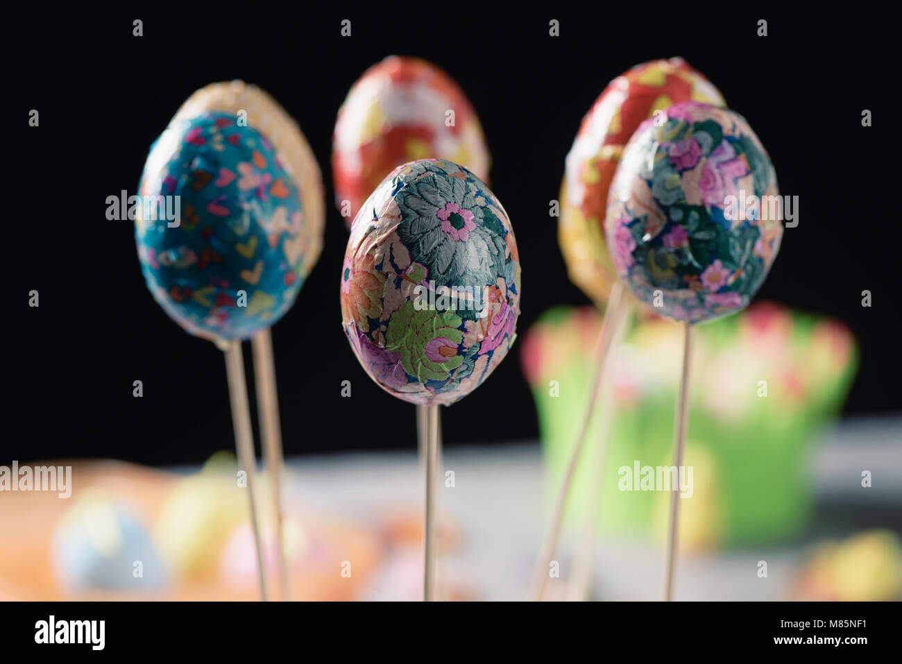 closeup of some homemade easter eggs, made by myself by gluing some