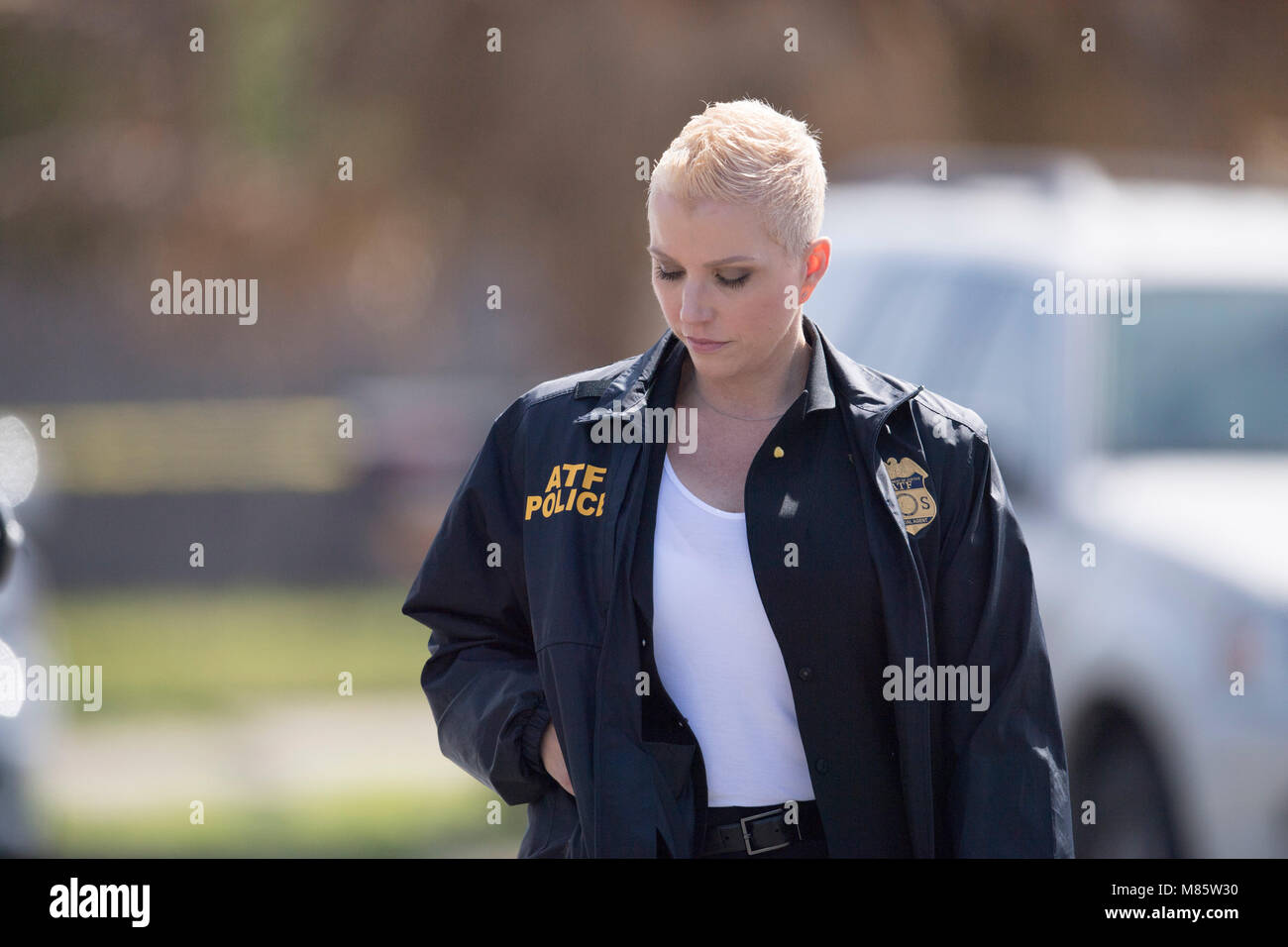 Austin, Texas March 14, 2018: A female ATF agent on the scene of an active investigation of a package bombing that critically injured an elderly woman in east Austin. Two were killed earlier by package bombs left by an unknown assailant. Credit: Bob Daemmrich/Alamy Live News Stock Photo
