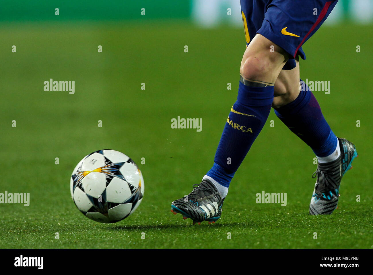 Barcelona, Spain. 14th March 2018; Boots of Lionel Messi, #10 player of FC  Barcelona during the 2017/2018 UEFA Champions League Round of 16 game  between FC Barcelona and Chelsea at Camp Nou