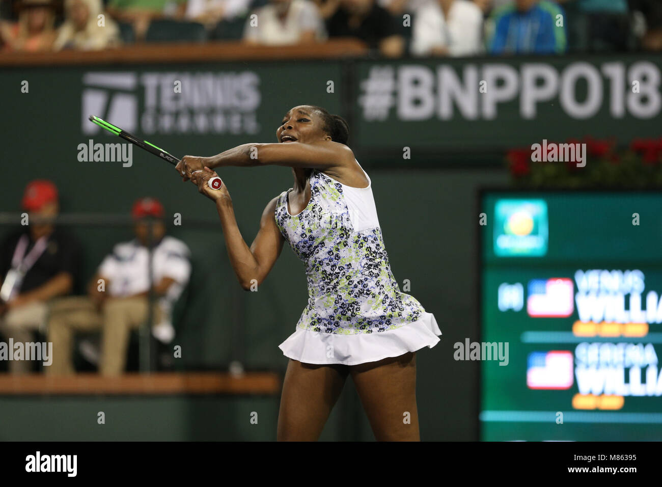 INDIAN WELLS, CA - MARCH 12: Venus Williams of United States defeats her sister Serena Williams during Day 8 of BNP Paribas Open on March 12, 2018 in Indian Wells, California.  People;  Venus Williams Stock Photo