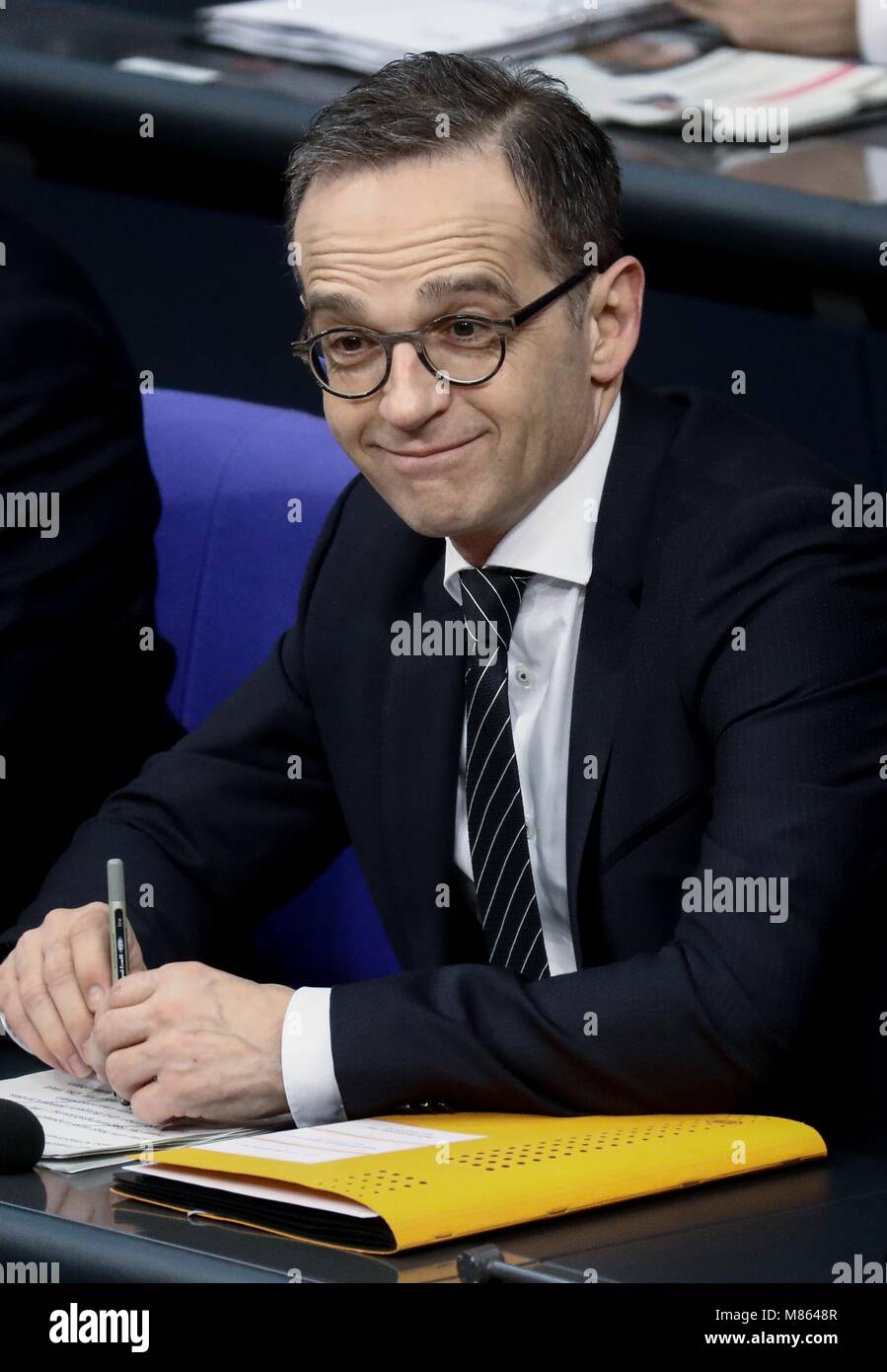 15 March 2018, Germany, Berlin: Heiko Maas (SPD), Foreign Minister, taking part in a session of the Bundestag (Federal Legislature). The parliamentary session's order of the day includes, among other things, adjudications for the continuation of Bundeswehr (Federal Armed Forces) deployments in Iraq, Afghanistan, South Sudan and Darfur, as well as the abolition of the exception solidarity contribution and modifications to the Labour Law. Photo: Kay Nietfeld/dpa Stock Photo