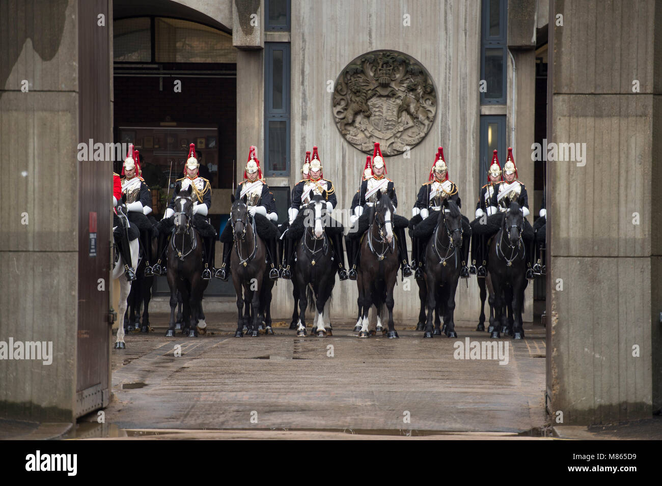 Knightsbridge, London, UK. 15 March 2018.  Knightsbridge witnesses an impressive spectacle as The Queen’s mounted bodyguard parade in Hyde Park to prove their readiness for another busy summer of pageantry.  After intense preparations that have involved hundreds of hours of training, honing physical and mental prowess of both horses and men, The Household Cavalry Mounted Regiment are put through their paces during their annual inspection by Major General Ben Bathurst the General Officer Commanding the Household Division. Credit: Malcolm Park/Alamy Live News. Stock Photo