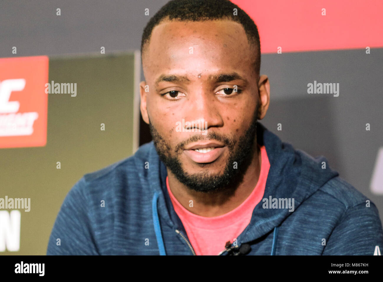 London, UK. 15th March, 2018. Leon Edwards (Red Corner) takes questions