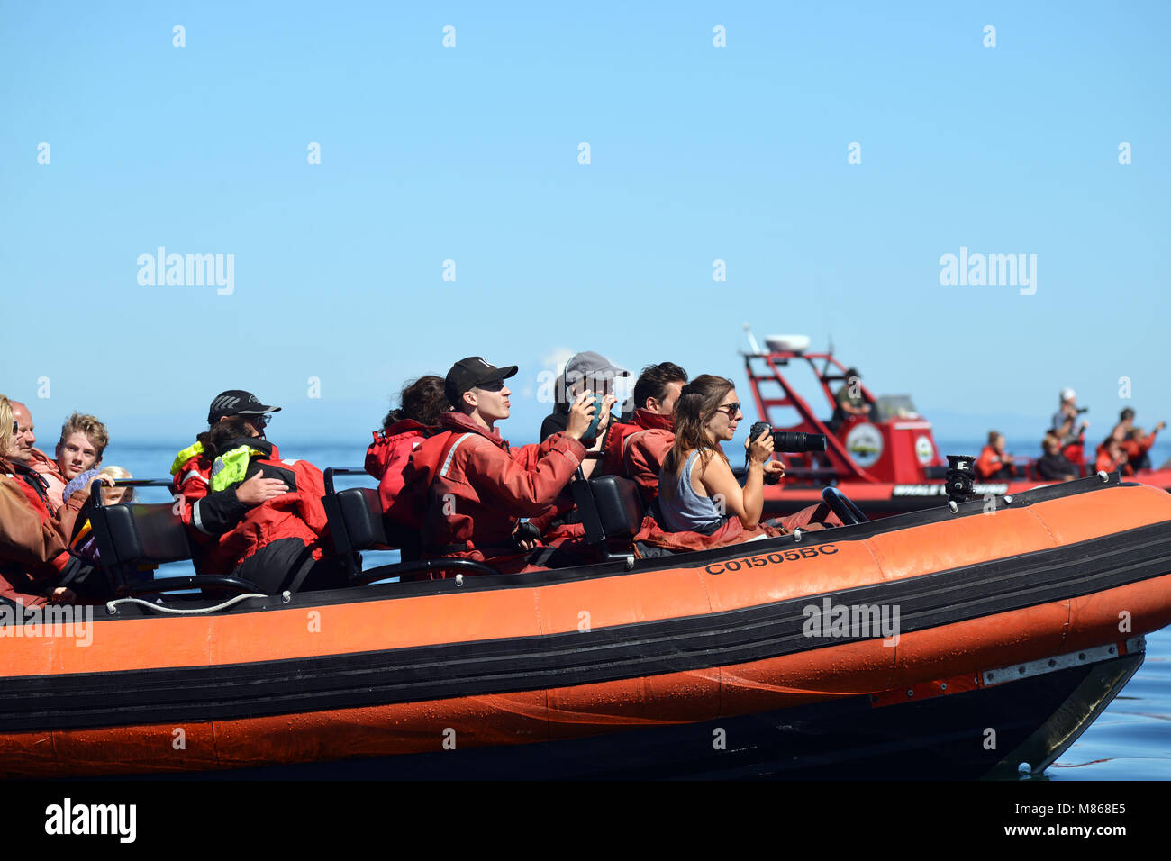 Speed boat full of tourists going Whale watching off the coast of Vancouver Island, British Columbia, Canada. Stock Photo