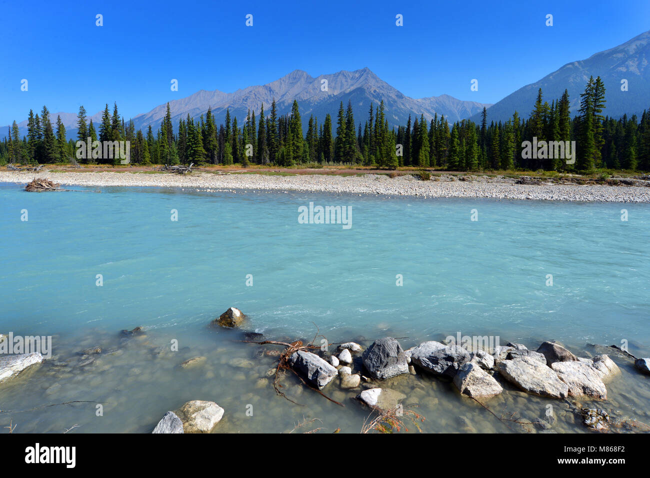 Canadian Rockies Turquoise blue waters of Kootenay River in the Kootenay National Park of Canada Stock Photo