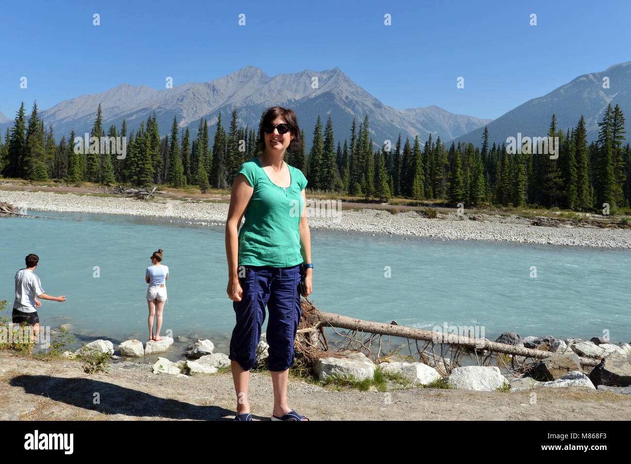 Tourists Canadian Rockies Turquoise blue waters of Kootenay River in the Kootenay National Park of Canada Stock Photo