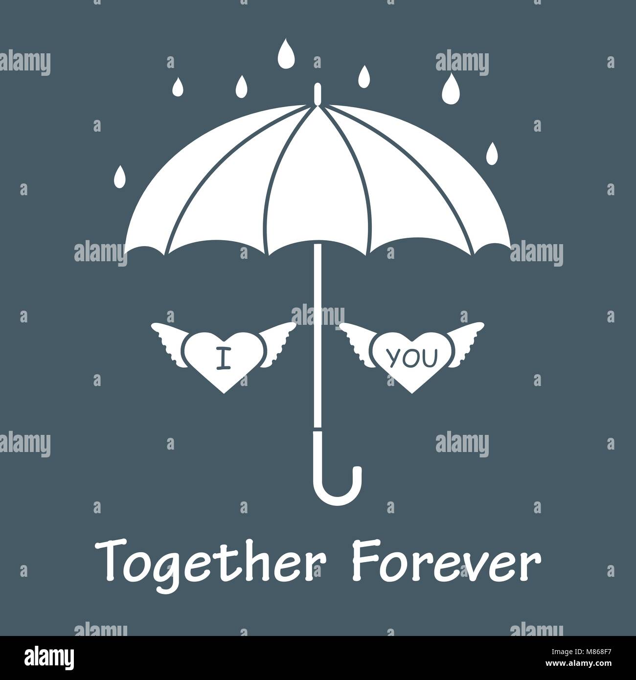 Two hearts with wings under an umbrella in the rain. Design for banner ...