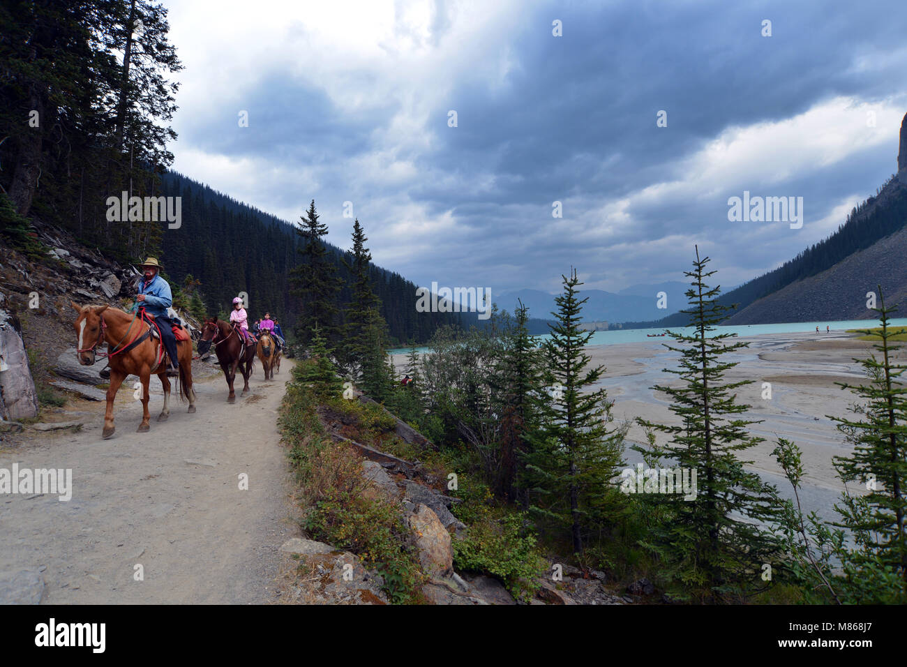 Horse riding trip up the valley from Lake Louise, Canadian Rockies, Canada Stock Photo