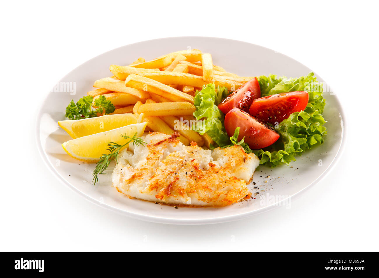 Fried fish fillet with french fries on white background Stock Photo