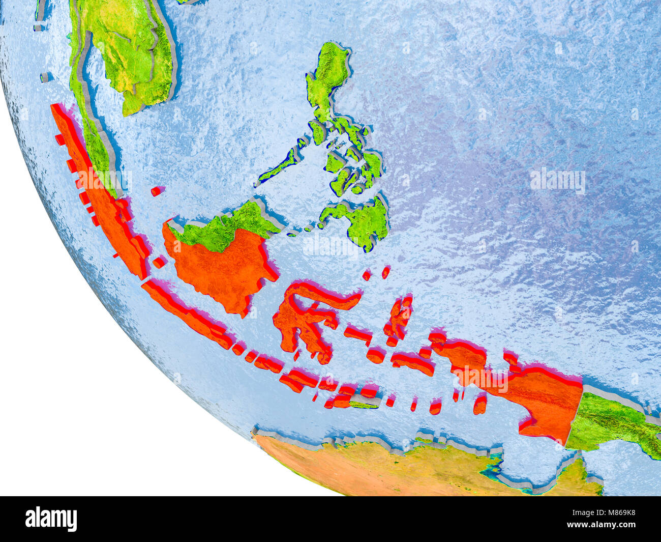 Map of Indonesia in red on globe with real planet surface, embossed countries with visible country borders and water in the oceans. 3D illustration. E Stock Photo