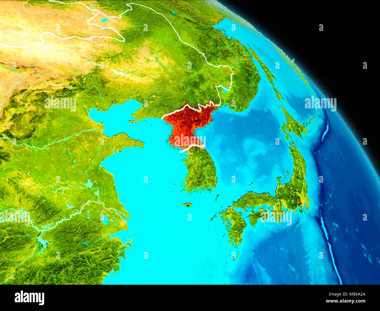 Space orbit view of North Korea highlighted in red on planet Earth with ...