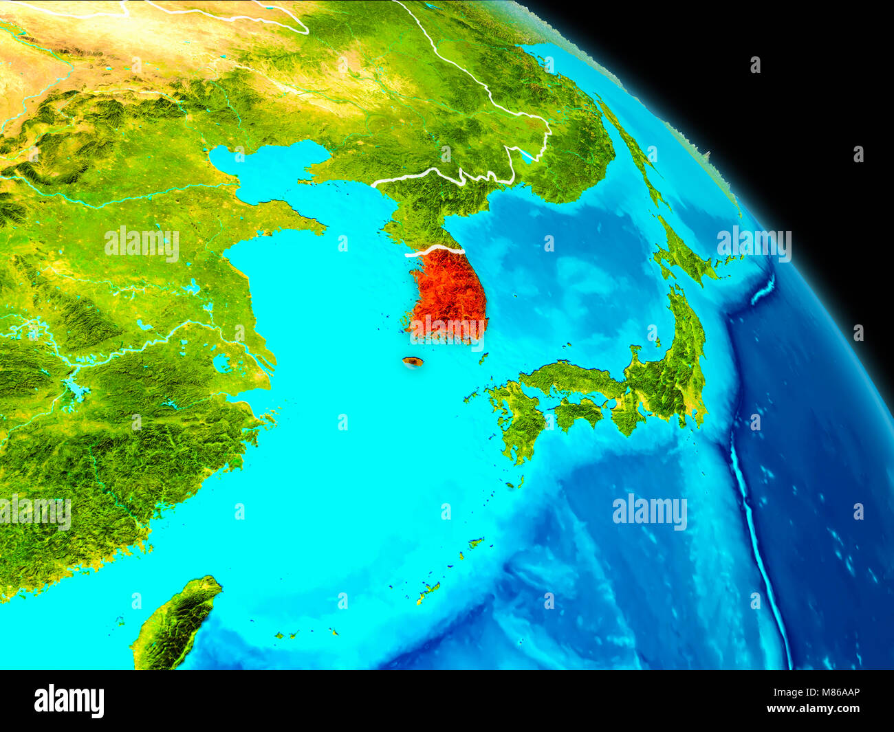 Space orbit view of South Korea highlighted in red on planet Earth with ...