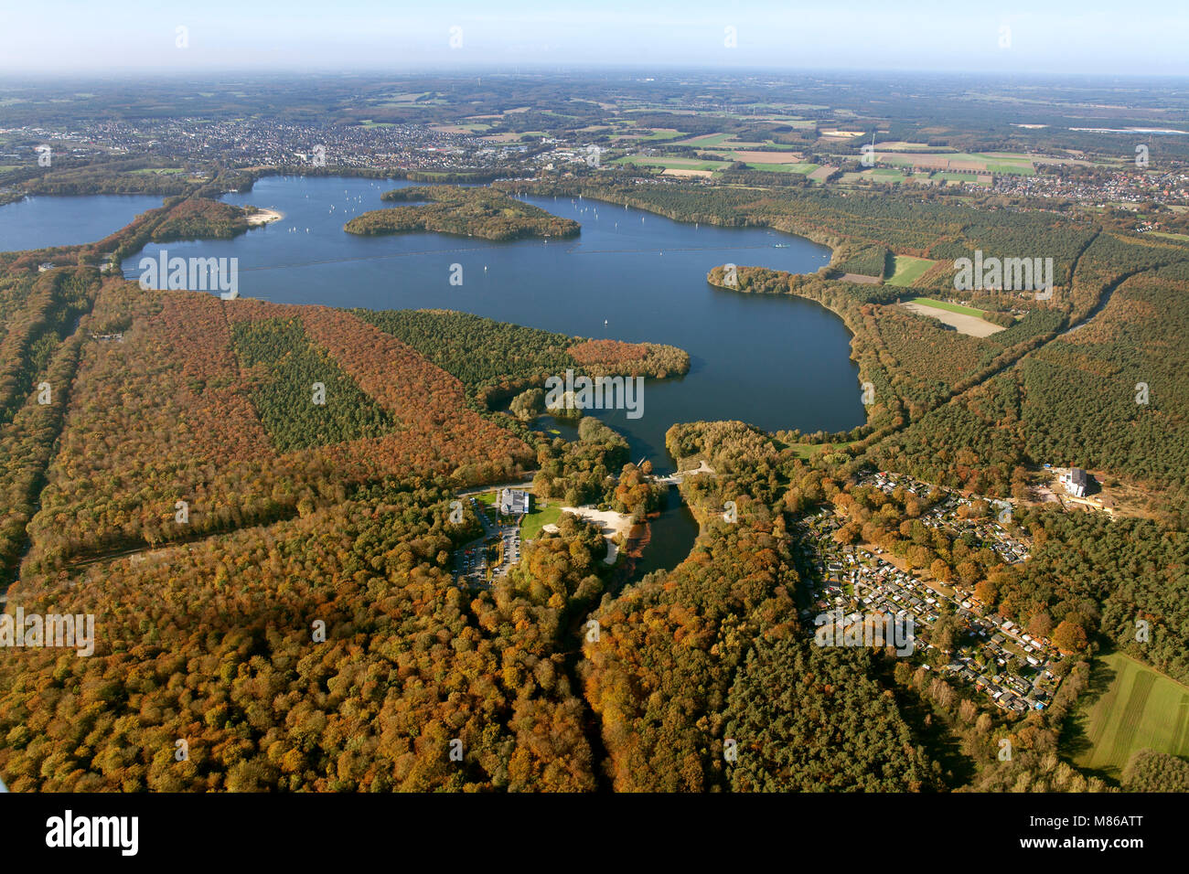 Aerial view, Halterner reservoir with sailboats, drinking water reserve, Gelsenwasser, campsite, hostel Haltern am See, Lakeside Inn on Halterner rese Stock Photo