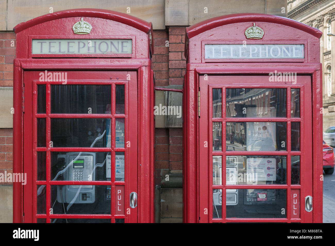 Two BT red telephone boxes Stock Photo Alamy