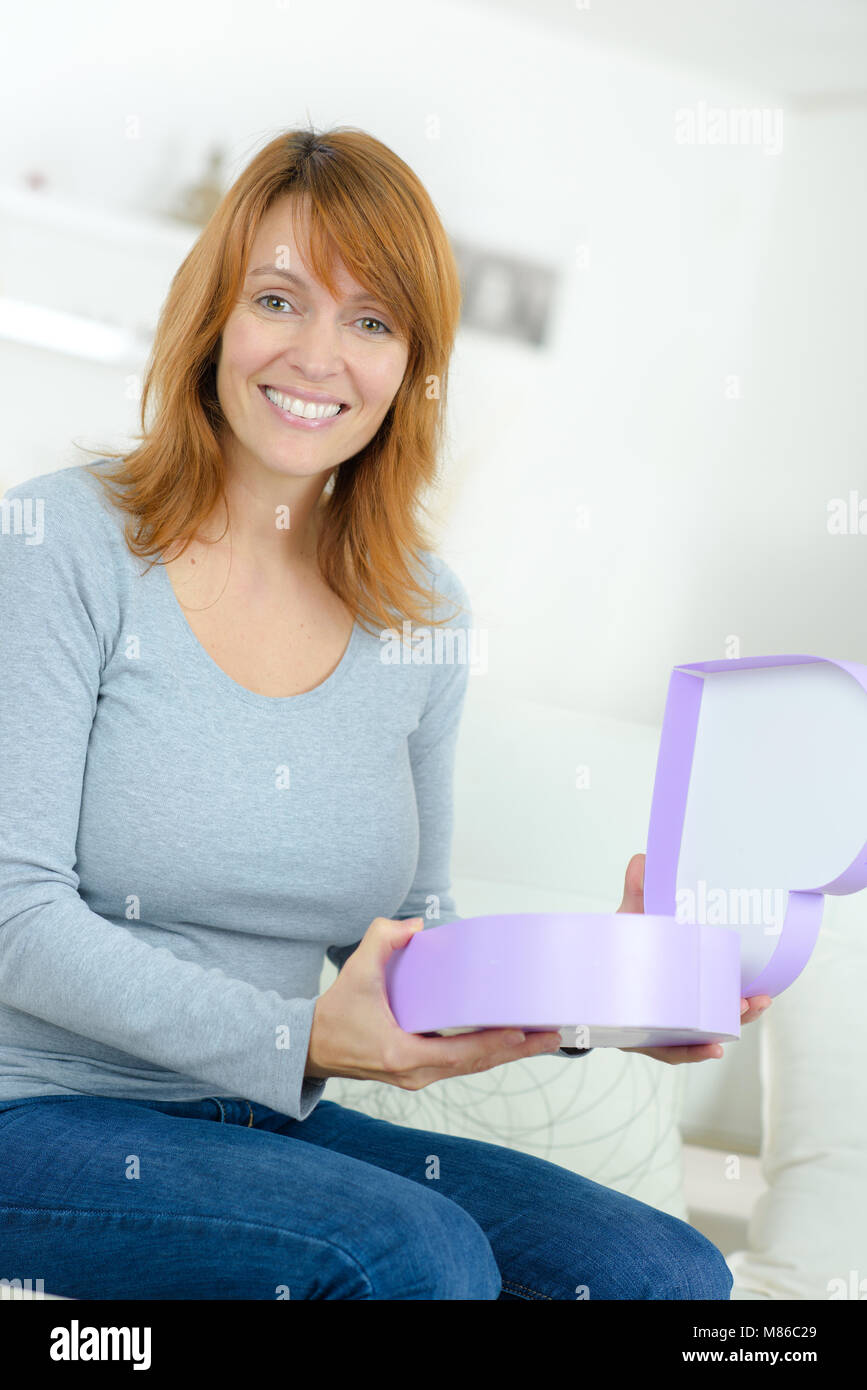 woman open heart shaped box valentines day love concept Stock Photo