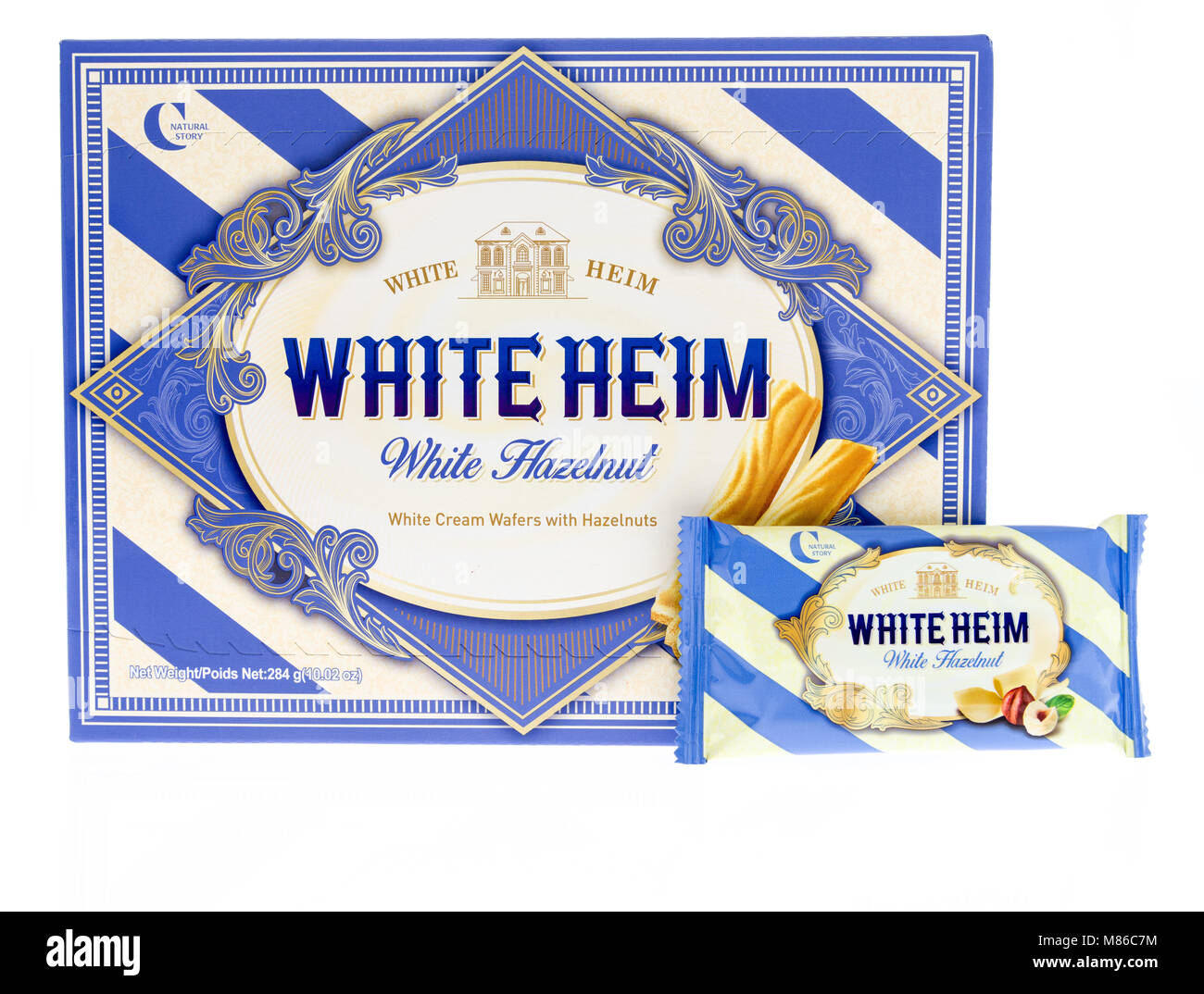 Winneconne, WI - 27 February 2018:  A box of Whire Heim white cream wafers with hazelnuts on an isolated background. Stock Photo