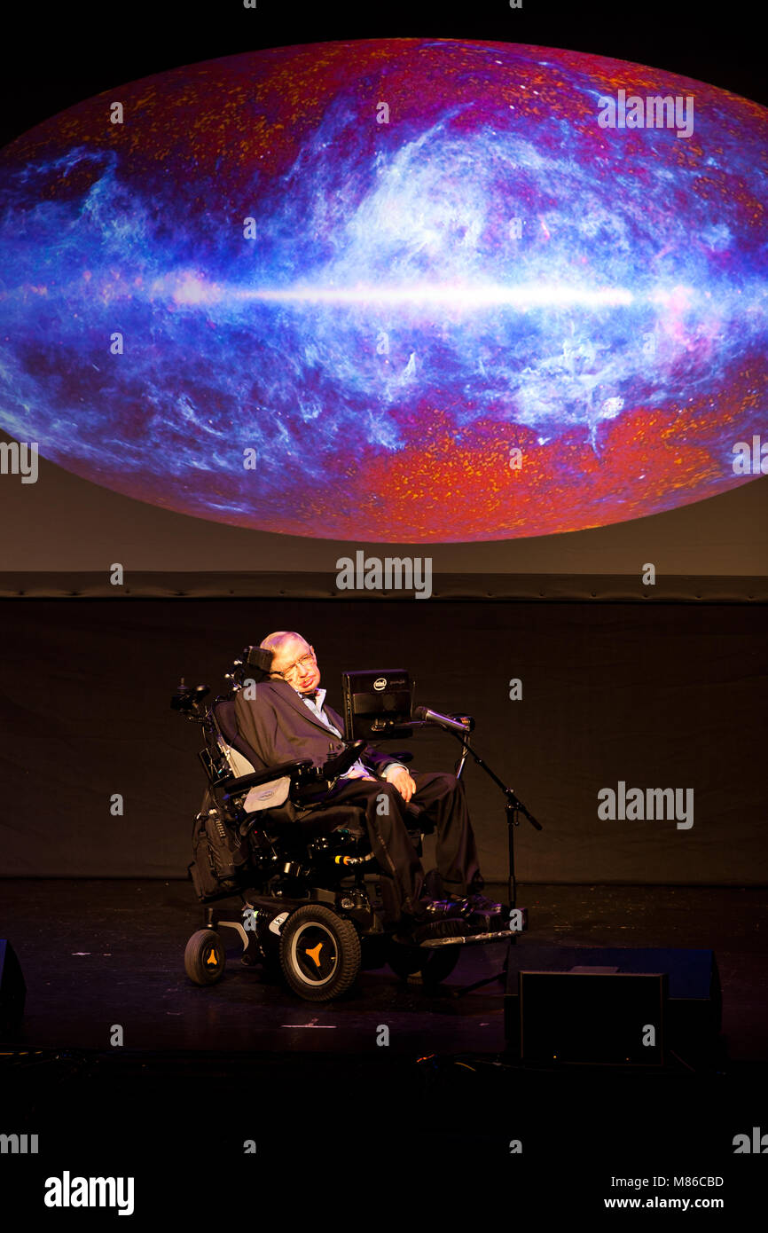 Prof. Stephen Hawking, British scientist, world renowned physicist and universe projection on the screen, Starmus festival 2016 Tenerife Stock Photo