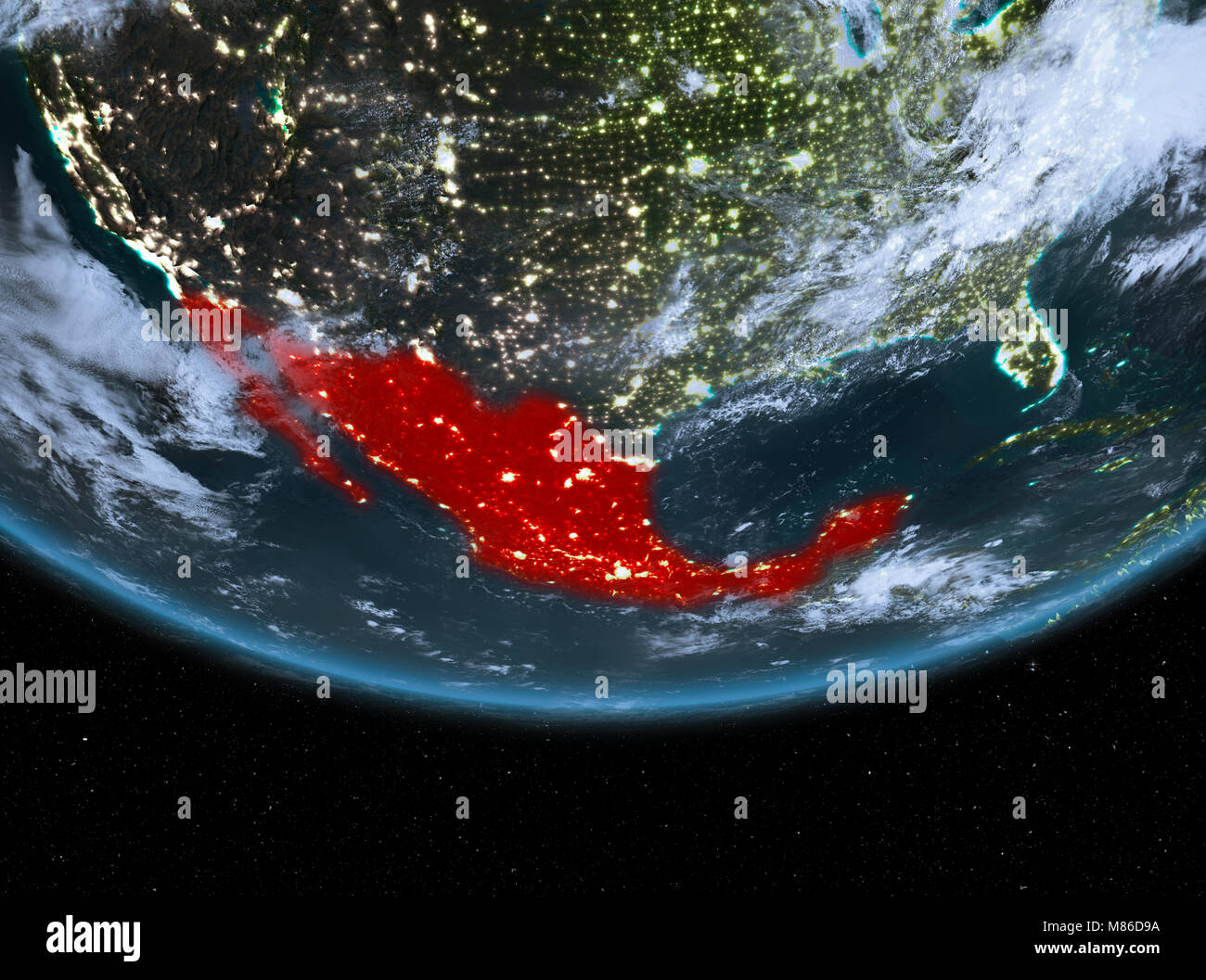 Mexico at night highlighted in red on planet Earth with clouds. 3D ...