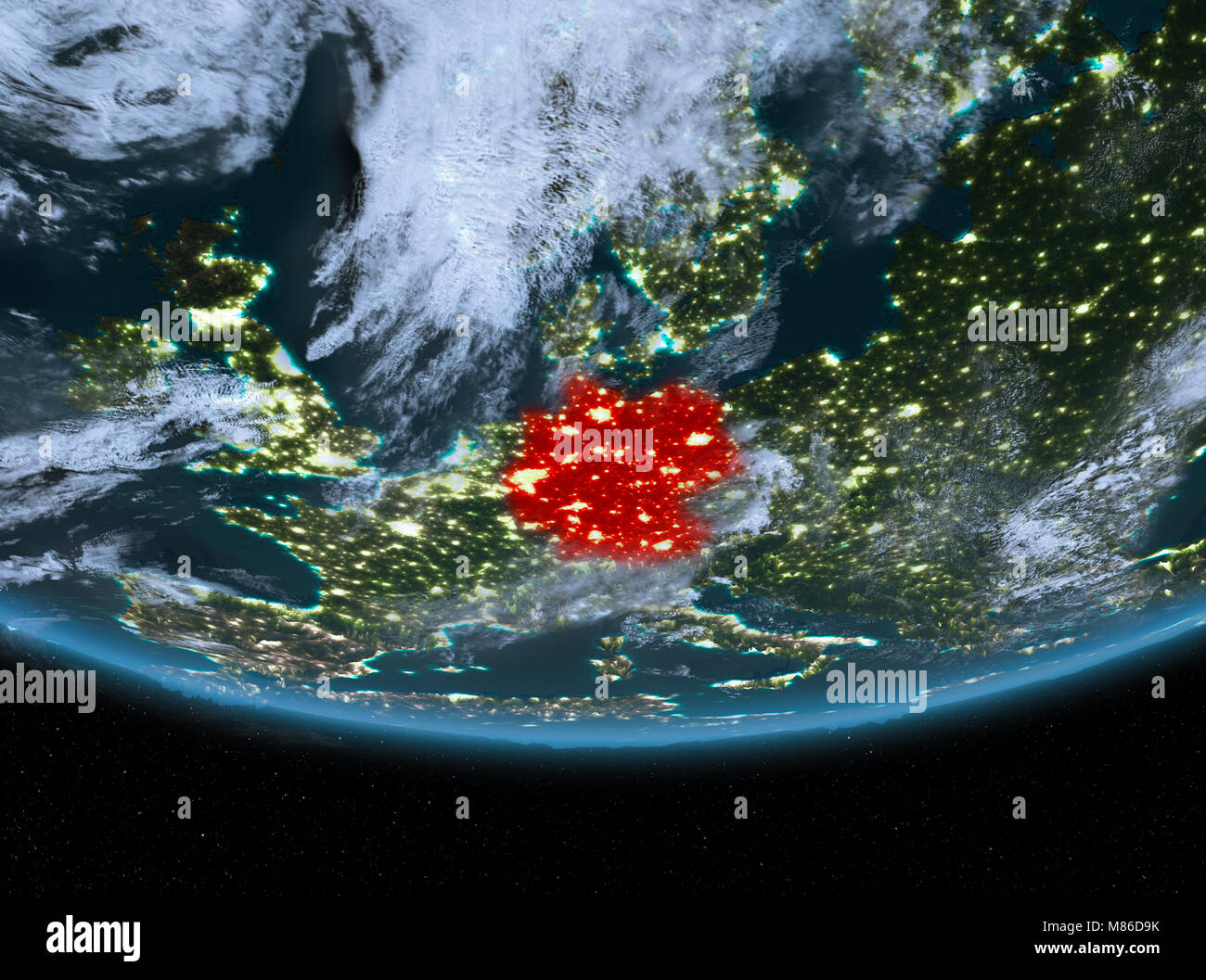 Germany at night highlighted in red on planet Earth with clouds. 3D illustration. Elements of this image furnished by NASA. Stock Photo