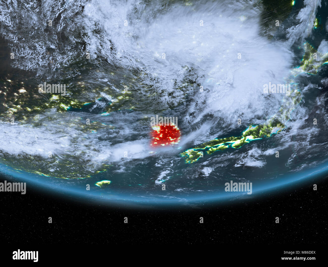South Korea at night highlighted in red on planet Earth with clouds. 3D ...
