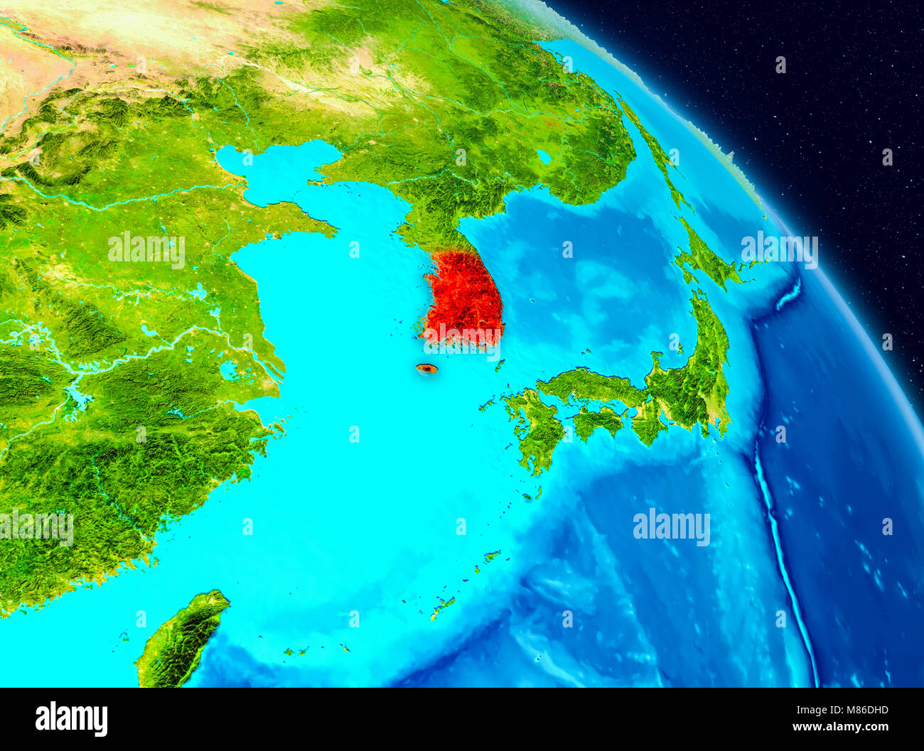 Space view of South Korea highlighted in red on planet Earth. 3D ...