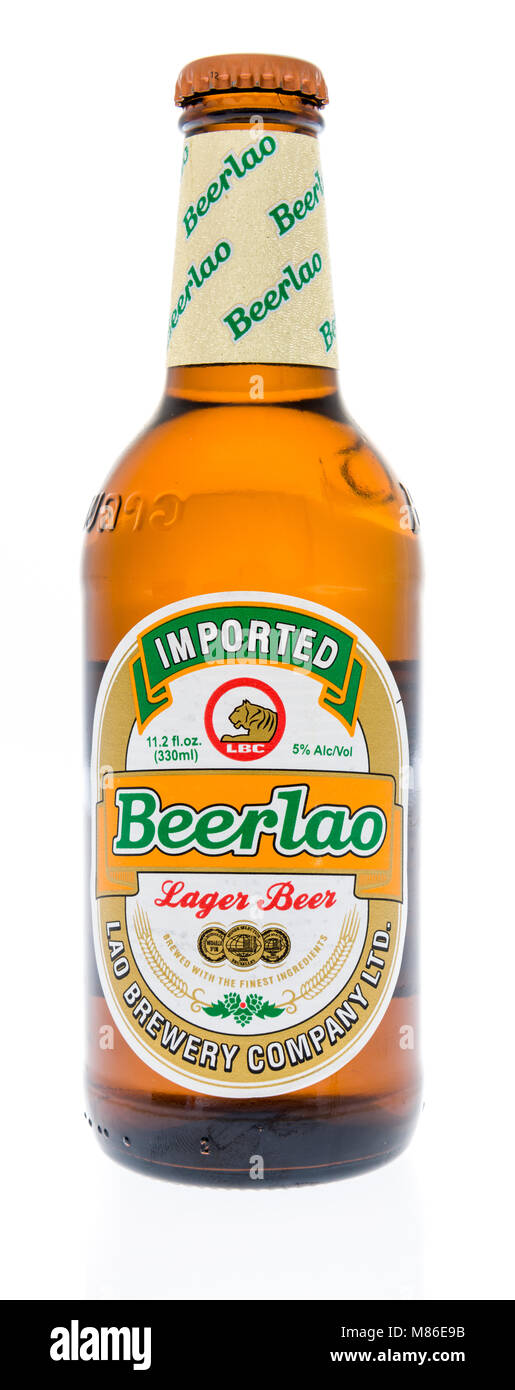 Winneconne, WI - 7 March 2018: A bottle or Beerlao beer on an isolated background. Stock Photo