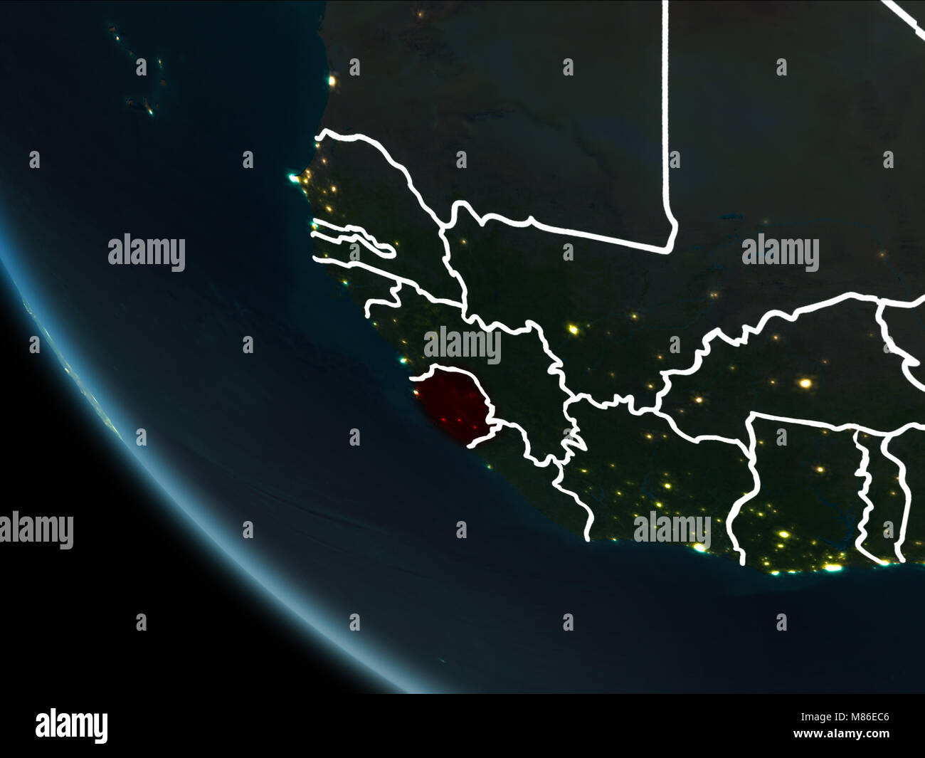 Satellite view of Sierra Leone highlighted in red on planet Earth at ...