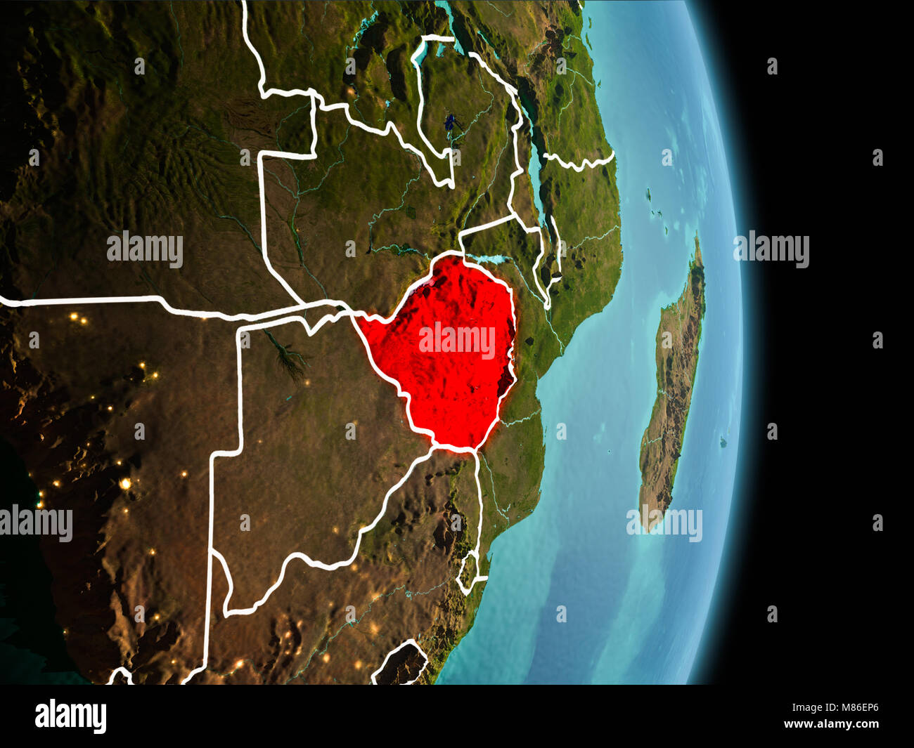 Satellite morning view of Zimbabwe highlighted in red on planet Earth ...