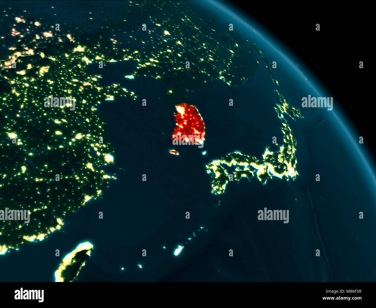 Orbit view of South Korea at night highlighted in red on planet Earth ...